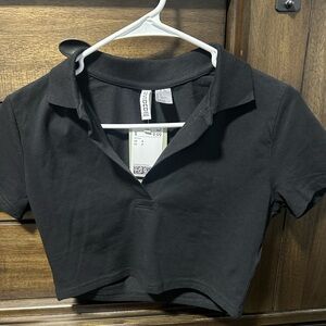 Divided Black Collared Crop Top